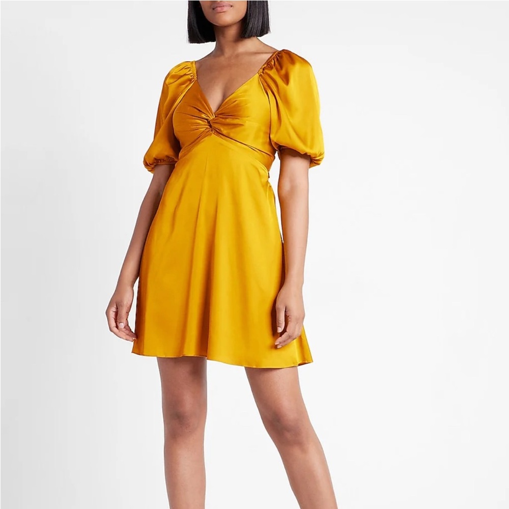EXPRESS Satin V-Neck Puff Sleeve Twist Front Mini Fit and Flare Dress Golden - Picture 6 of 16